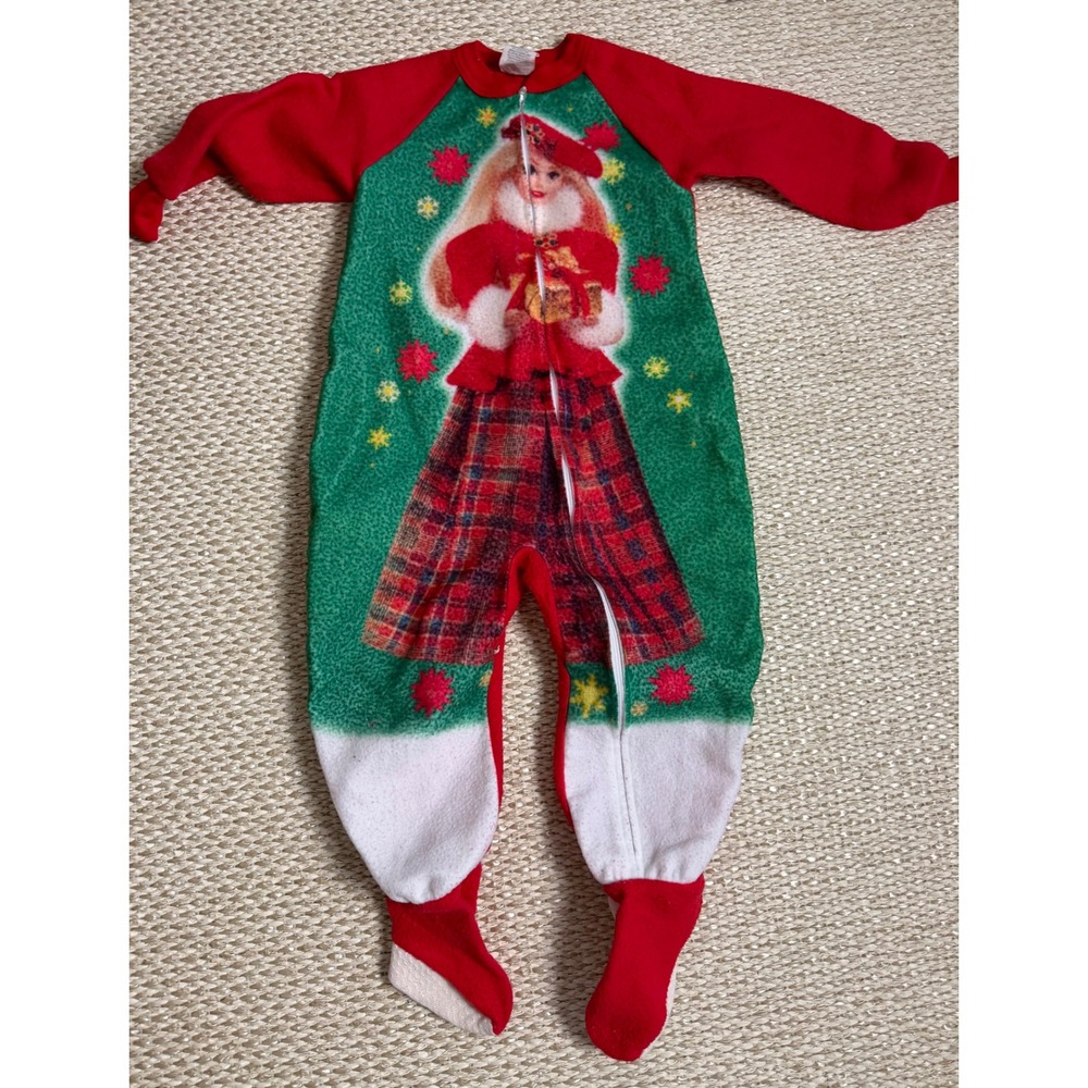 Vintage Barbie Christmas Fleece Footed Pajamas Girls Size 4 Holiday 90's Y2K